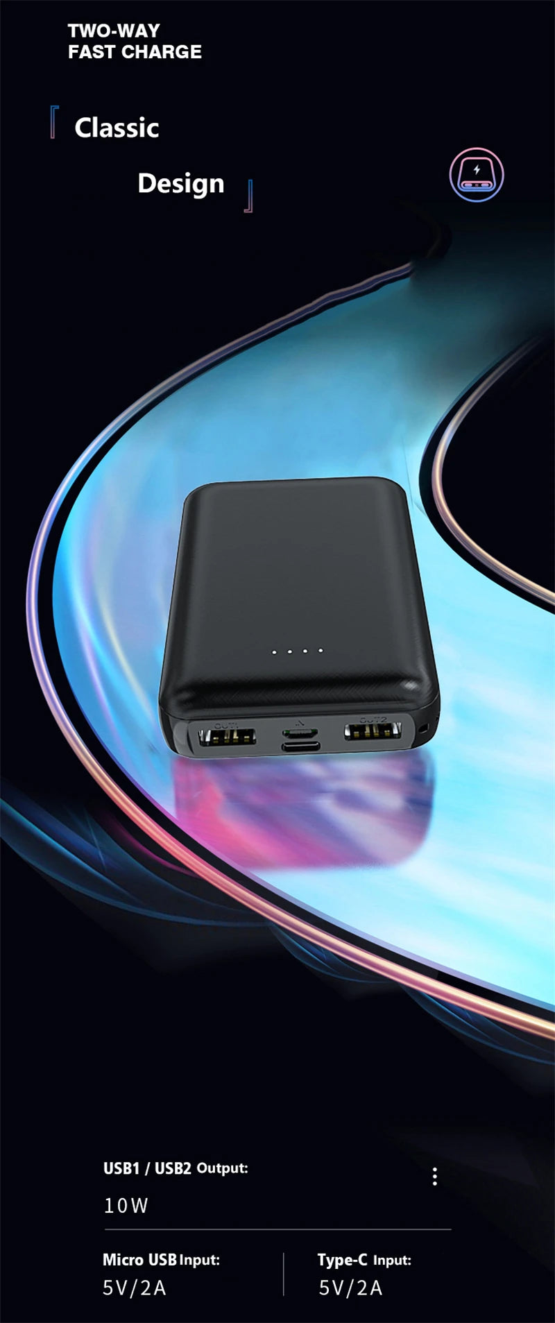 Ultra-Compact 20,000mAh Power Bank | 5V/2A Fast-Charge